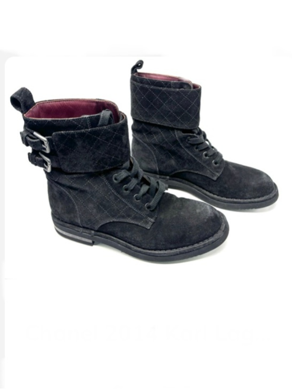 Chanel 2014 Karl Lagerfeld CC Lace Up Suede Combat Boots Diamond Quilted 37.5